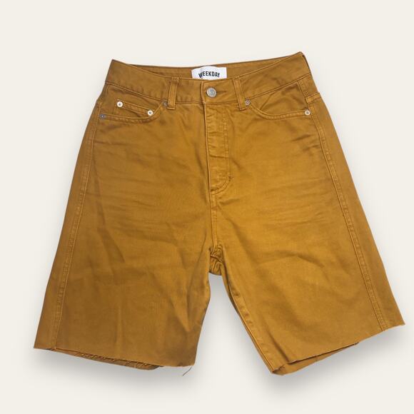 Weekday Pants - Weekday Mustard Yellow Cut Off Denim Jean Shorts Size 25